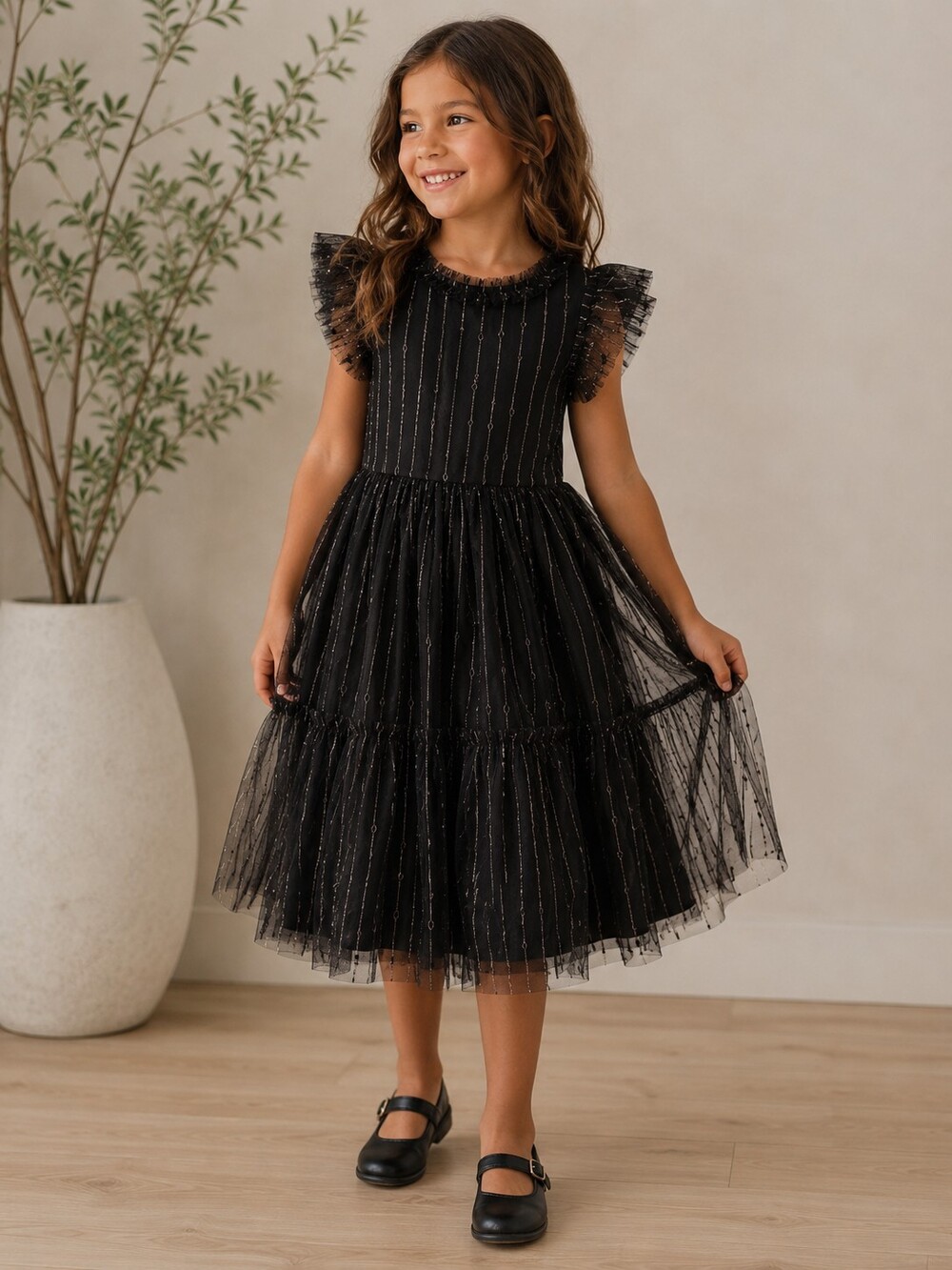 Cat & Jack Girls Small Black Striped Tulle Dress Like New